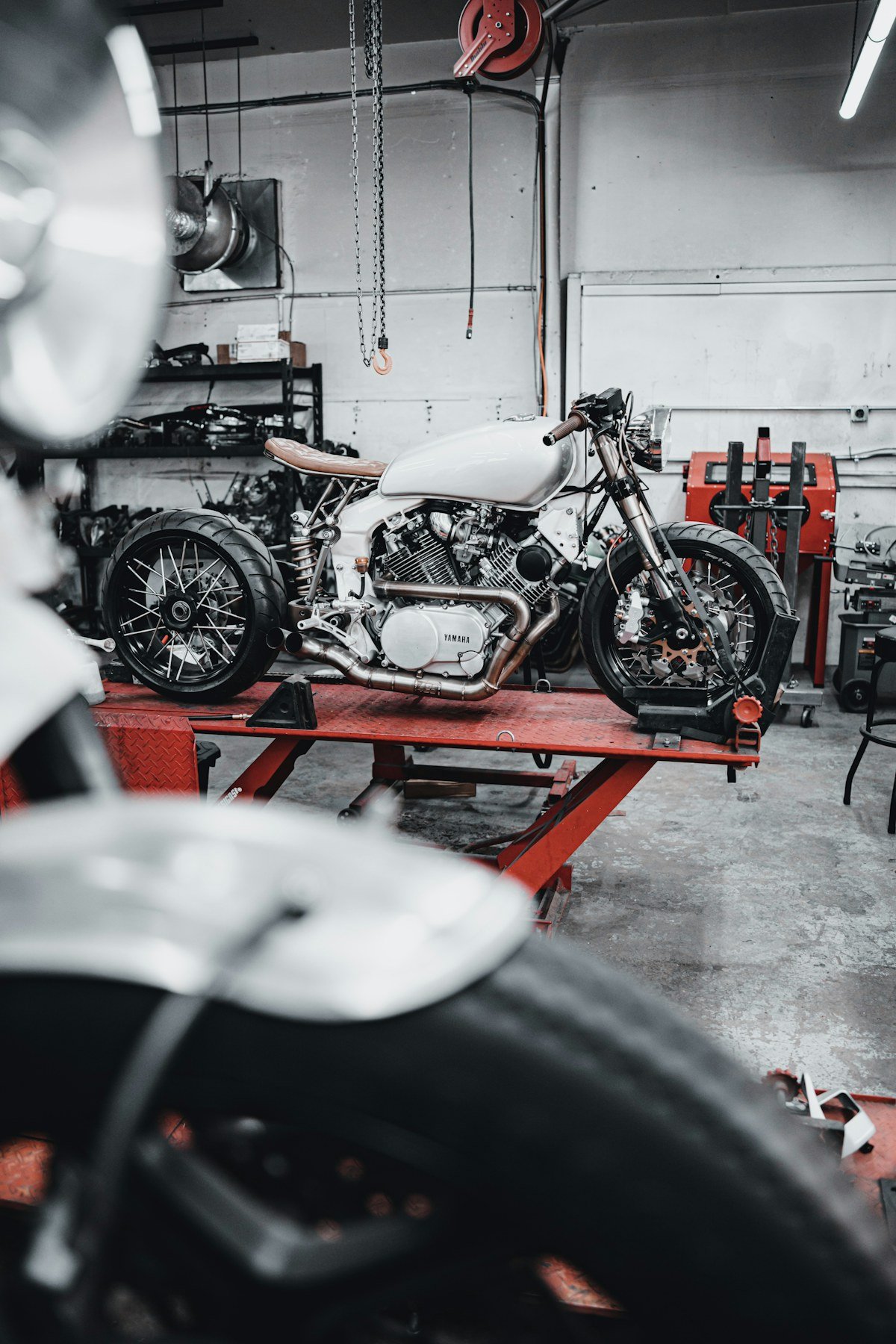 Motorcycle displayed in a professional garage
